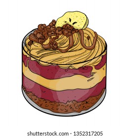 Dessert with yellow banana and cream, chocolate, caramel, in a glass a contour of black color isolated on a white background, stock vector illustration for design and decoration, menu, sticker, print,