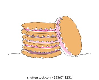 dessert,a stack of cookies with cream. continuous single line art drawing sketch, logo