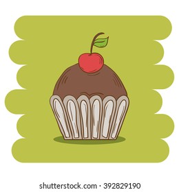 Dessert.Chocolate muffin icon with cherry.Chocolate cupcake vector .Chocolate muffin isolated on green background.Chocolate cupcake dessert. Vector Chocolate sweet.Chocolate sweet food.Hand draw  