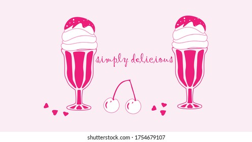 dessert.cream ice cream, cherries, hearts.caligraphic inscription.vector.