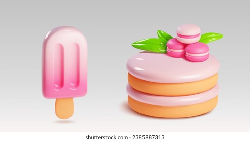 Desserts 3D - geschichteter Kuchen mit Macaroonkekse und minzem Laub und Eis auf Stock. Realistische Vektorgrafik-Set von rosafarbenen, pastellfarbenen Süßspeisen. Süßwaren, gebacken und gefrorener Saft.