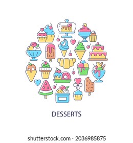 Desserts abstract color concept layout with headline. Sweets collection creative idea. Cafeteria buffet. Patisserie products. Cafe menu. Isolated vector filled contour icons for web background