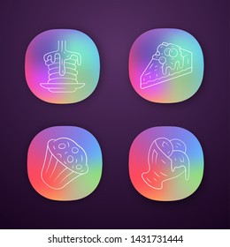 Desserts app icons set. Pancakes, muffin, cheesecake, ice cream. Confectionery menu. Sweet food, confections dishes. UI/UX user interface. Web or mobile applications. Vector isolated illustrations
