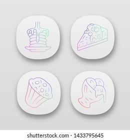 Desserts app icons set. Pancakes, muffin, cheesecake, ice cream. Confectionery menu. Plombir, cupcake. Sweet food. UI/UX user interface. Web or mobile applications. Vector isolated illustrations