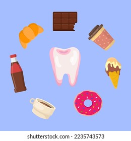 Desserts around healthy white tooth vector illustration. Collection of cartoon drawings of soda, croissant, chocolate bar, coffee and tooth on blue background. Health, stomatology, protection concept