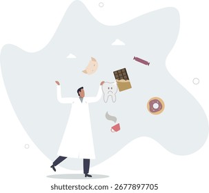 Postres alrededor de la Ilustración vectorial de dientes enfermos. El dentista advierte de los peligros para la salud.