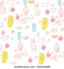 Desserts Background Pattern  with Cakes, Sweets and Desserts and lemon.  Background for use in design, web site, packing, textile, fabric
