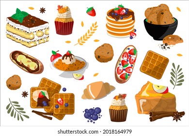 Desserts background. Sweet baking set. Pies, cakes on white background. Tiramisu, pancake, muffin, bruschetta, waffles, oatmeal cookies, apple pie