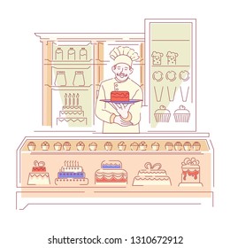 Desserts baker in bakery shop confectionery cakes and cupcakes vector sweet food of wheat dough and flour candles cream and icing chocolate muffin and fruit jam man cooker or vendor showcase.
