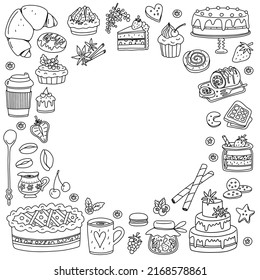 Desserts and bakery goods. Doodle elements. Vector round frame.