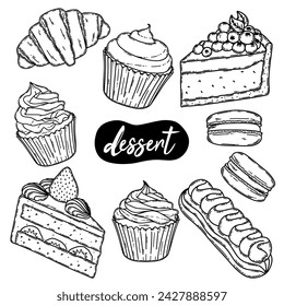 Desserts and bakery products set. Cookies, meringue, eclair, croissant silhouette drawing. Chocolate, oatmeal, black on white line art