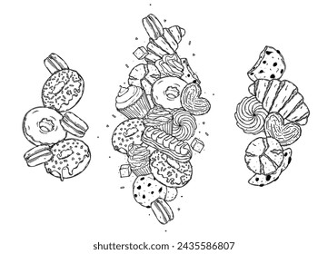 Desserts and bakery products set. Cookies, donut, eclair, croissant silhouette drawing. Chocolate, oatmeal, black on white line art