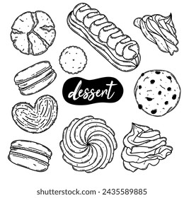 Desserts und Backwaren. Cookies, Meringue, eclair Silhouette Zeichnung. Schokolade, Haferflocken, schwarz auf weißer Linie Kunst