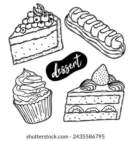 Desserts and bakery products set. Eclair, cheesecake, cupcake silhouette drawing. Chocolate, oatmeal, black on white line art