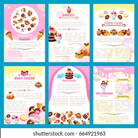 Desserts and bakery shop brochure or poster of vector sweet cakes, biscuits or gingerbread cookies and chocolate donuts or brownie puddings, muffins and cupcakes for patisserie or cafe menu template