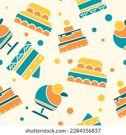 Desserts from bakery shop or store. Tasty cakes and ice cream with mousse. Delicious meal for special occasion and holiday celebration. Seamless pattern, print or background. Vector in flat style