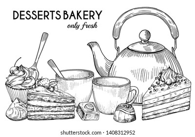 Desserts bakery shop vector banner template. Hand drawn pot, tea cups, cakes and candies isolated on white background. Illustration of cake and cup of tea for morning