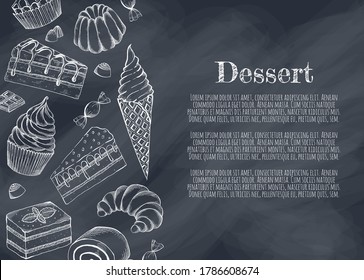 Desserts bakery shop vector banner template. Hand drawn cakes bun, ice cream, chocolate and candies.