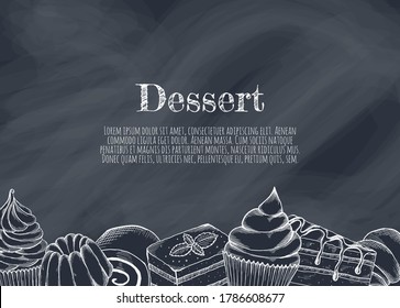Desserts bakery shop vector banner template. Hand drawn cakes bun, ice cream, chocolate and candies.