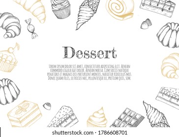 Plantilla de banner vectorial de la tienda de panadería de postres. Bollos de pasteles dibujados a mano, helado, chocolate y caramelos.