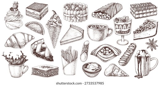 Postres y panadería Ilustración vectorial bosquejada