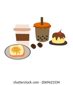 Desserts und Getränke, einschließlich Kaffee, Schaumtee, Kuchen und Brot