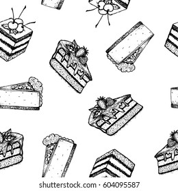 Desserts - black and white seamless pattern with hand-drawn elements