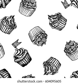Desserts - black and white seamless pattern with hand-drawn cakes