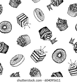 Desserts - black and white seamless pattern with hand-drawn cakes and doughnuts