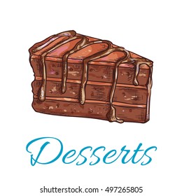 Desserts. Brownie cake icon. Patisserie shop emblem. Vector sweet cupcake with chocolate topping. For cafe menu card, cafeteria signboard, bakery label