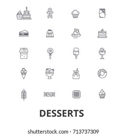 Desserts, cake, food, ice cream, cupcake, sweets, chocolate, cheesecake, coffee line icons. Editable strokes. Flat design vector illustration symbol concept. Linear isolated signs
