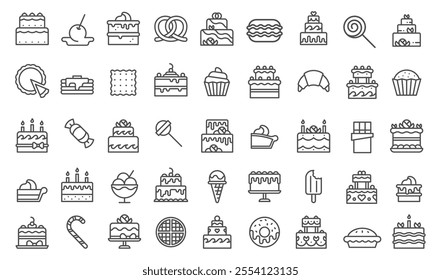 Desserts cakes line icons, cupcakes and candies, ice cream and pastries. Perfect for bakery branding, menus and parties. Vector collection of pastries, confectionery and other sweet treats.