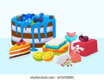 Desserts, cakes on table vector illustration. Delicious pastries desserts cakes festive decorated with various berries, citrus fruits, cream. Confectionery, cafe, sweets shop, bakery.