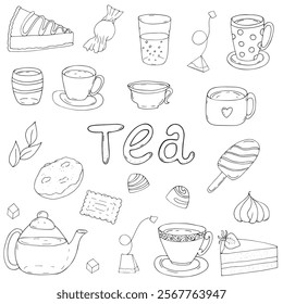 desserts - cakes, pies, cheesecake, cookies, candies, mugs, cups, drinks, chocolate marshmallows, vector set of black and white doodle elements, coloring book cute design element