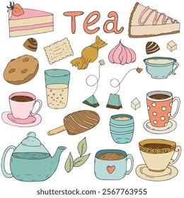 desserts - cakes, pies, cheesecake, cookies, candies, chocolate marshmallows, mugs, cups, saucers, drinks, tea and coffee, tea setvector set of color doodle elements cute design element