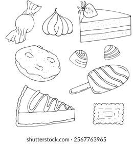 desserts - cakes, pies, cheesecake, cookies, candies, chocolate marshmallows, vector set of black and white doodle elements, coloring book, cute design element