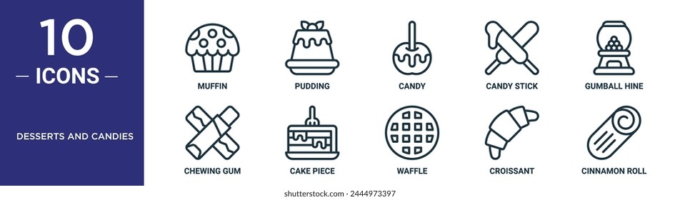 desserts and candies outline icon set includes thin line muffin, pudding, candy, candy stick, gumball hine, chewing gum, cake piece icons for report, presentation, diagram, web design