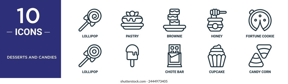 desserts and candies outline icon set includes thin line lollipop, pastry, brownie, honey, fortune cookie, lollipop,   icons for report, presentation, diagram, web design