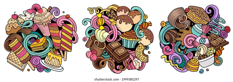 Desserts cartoon vector doodle designs set. Colorful detailed compositions with lot of sweet food objects and symbols. Isolated on white illustrations