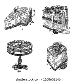 Desserts. Cherry cake, strawberry cake, bluebery cake and raspberry cake. Engraving style. Vector illustration.