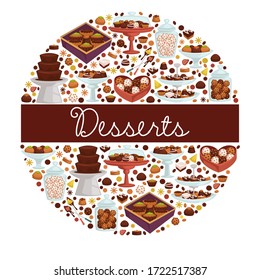 Desserts collection of chocolate cakes and biscuits, cookies and candies. Baked production, mouse and cream on top of confectionery. Brownie on homemade pie, sweets shop banner, vector in flat