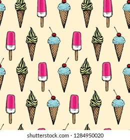 Desserts - color seamless pattern with hand-drawn ice cream