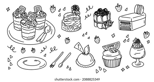 Desserts contour. Festive dessert for a party. Menu design for the restaurant. Isolated contour element for the menu. Vector illustration