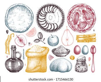 Desserts cooking process collection. Hand drawn baking cakes, pies, dough, ingredients, kitchen stuff set. Homemade fruits dessert recipe book design elements. Top view food delivery illustration.