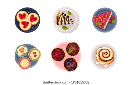 Desserts with Cupcake, Cinnamon Bun and Cheesecake Served on Plate Vector Set