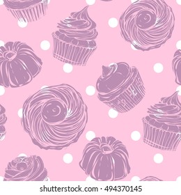 Desserts, cupcakes, pie,handmade,retro,vector illustration,Seamless pattern,pink color