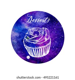 Desserts, cupcakes,handmade,retro,watercolor background,vector illustration