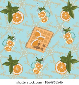 Desserts decorated with oranges on the blue background