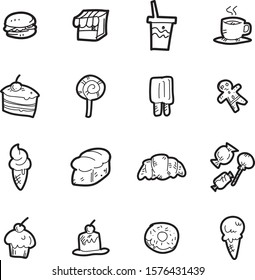 The desserts doodle icon set.