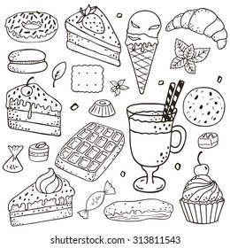 Desserts doodle set - vector illustration